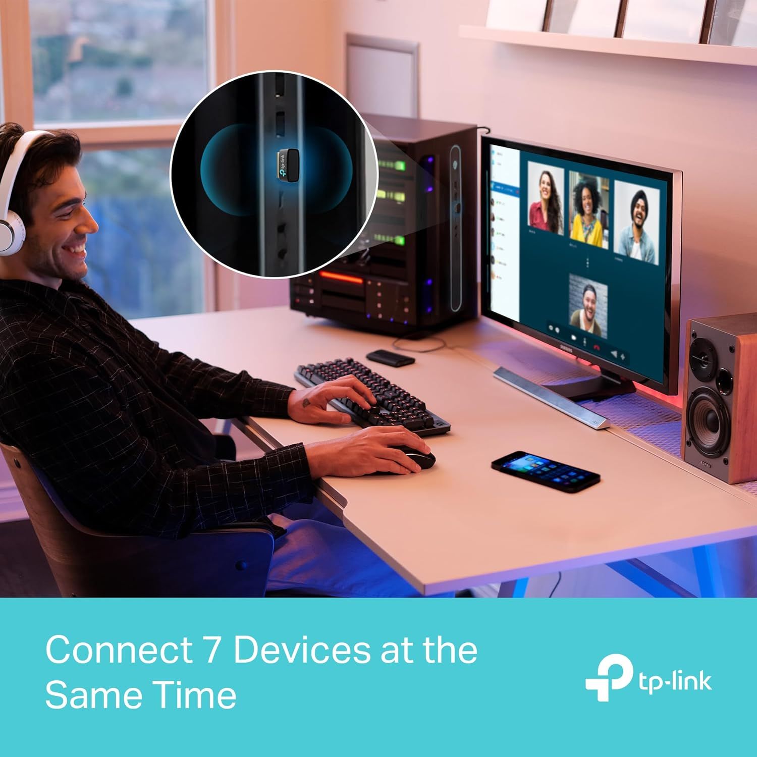 Communicates the product's ability to connect up to 7 devices simultaneously, reassuring shoppers about its versatility and capacity for multi-device environments. Highlights the convenience and…