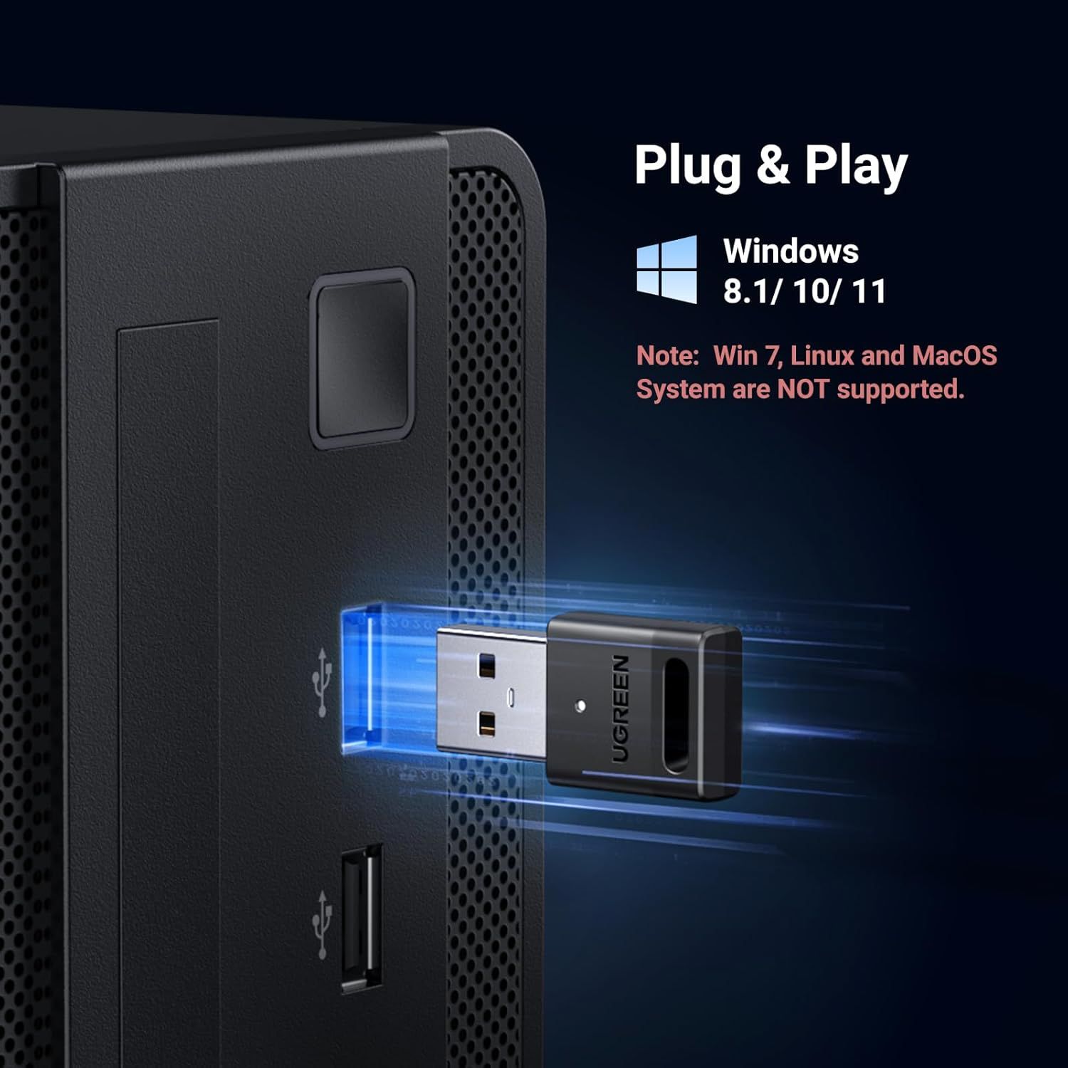 Communicates that the product is easy to use with plug-and-play functionality and clarifies which operating systems are supported (Windows 8.1/10/11) while warning that Win 7, Linux, and MacOS are…