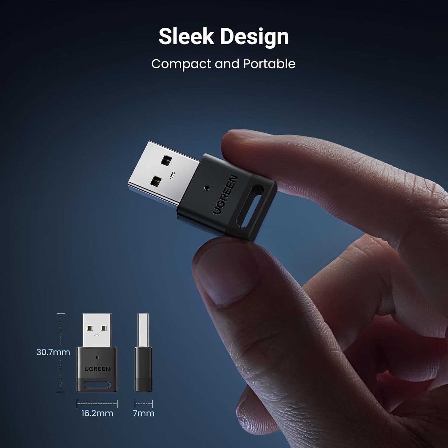 Communicates the ultra-compact and portable size of the USB device with precise measurements (30.7mm x 16.2mm x 7mm) to reassure shoppers it's travel-friendly and won't take up space.