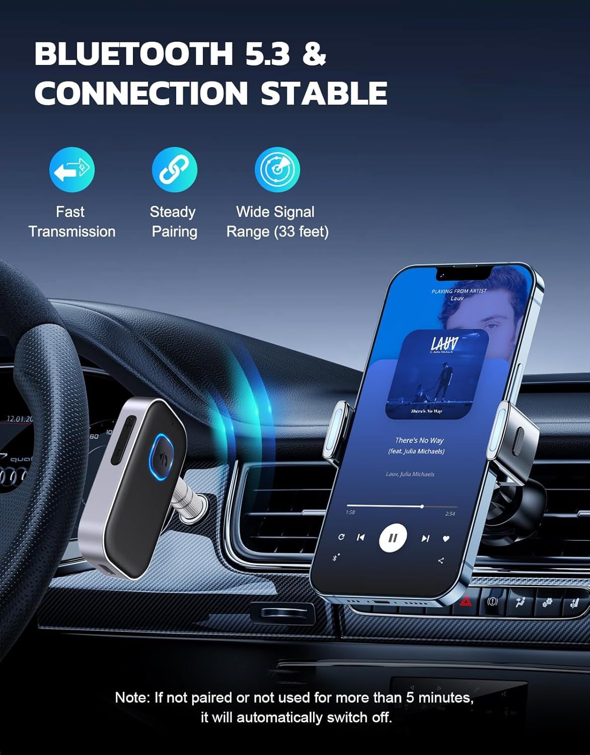 Communicates multiple technical benefits of the Bluetooth connectivity in a segmented layout with icons, reassuring shoppers of reliable, fast, and stable wireless performance.