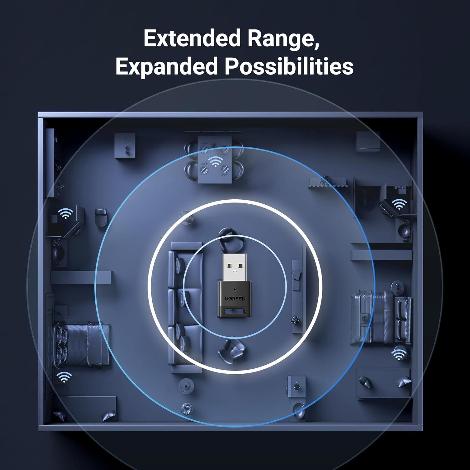 Demonstrates the product's extended wireless range capability, showing how the USB adapter can connect to multiple devices throughout a large space, reassuring shoppers of its superior connectivity…