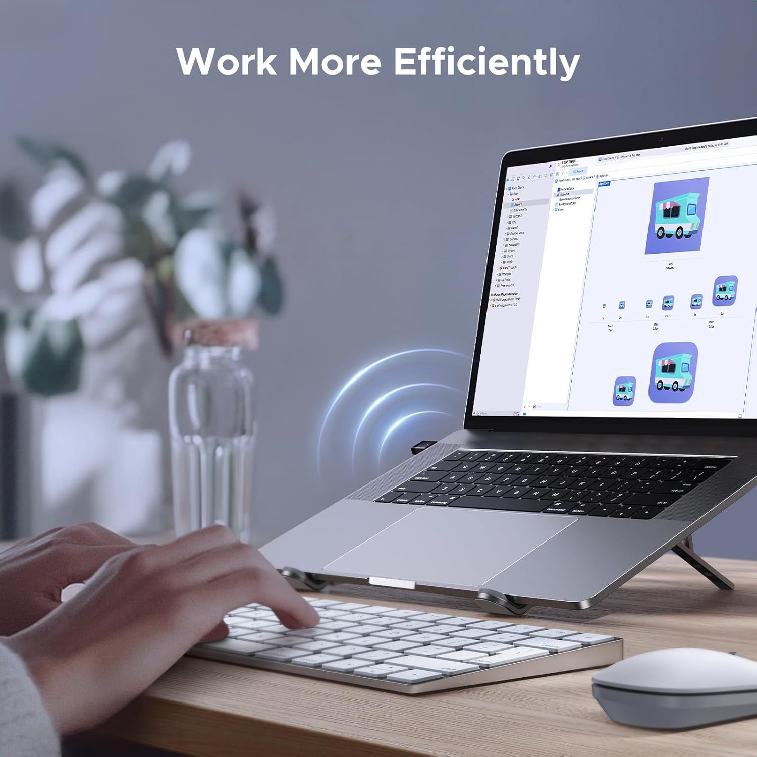 Demonstrates the product (laptop stand) in a real-world office/home workspace environment to help shoppers visualize how it fits into their daily work routine and enhances productivity.