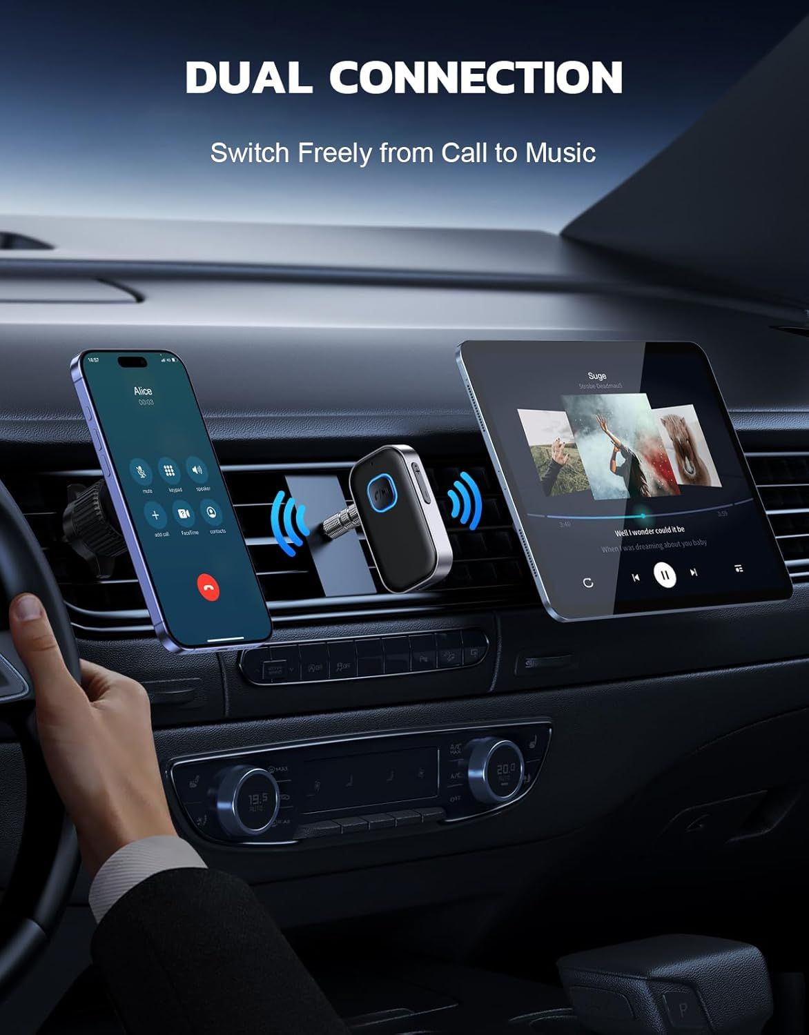 Demonstrates the product's ability to connect two devices simultaneously and switch seamlessly between phone calls and music playback, emphasizing convenience for drivers.