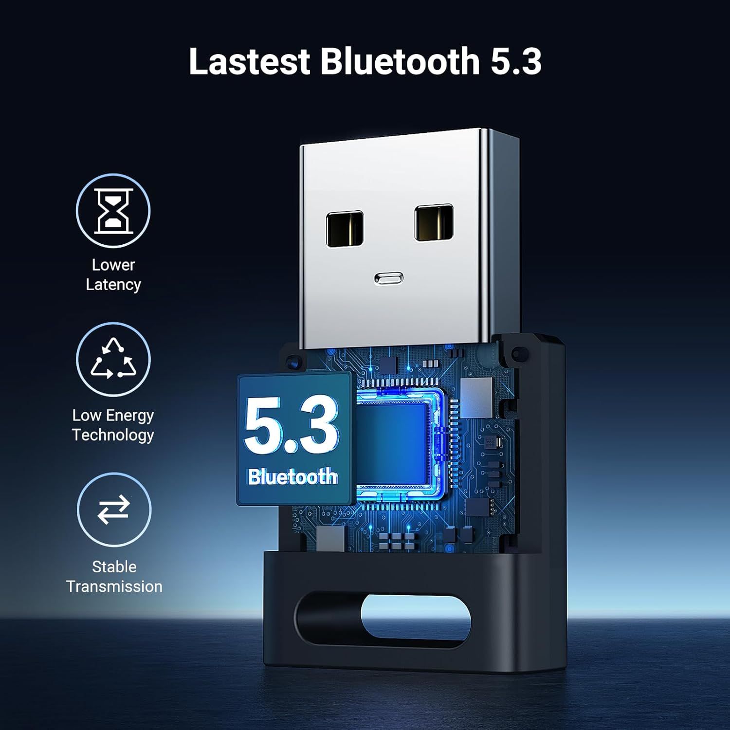 Communicates multiple technical benefits of the Bluetooth 5.3 technology to reassure shoppers of superior connectivity performance, energy efficiency, and reliability.