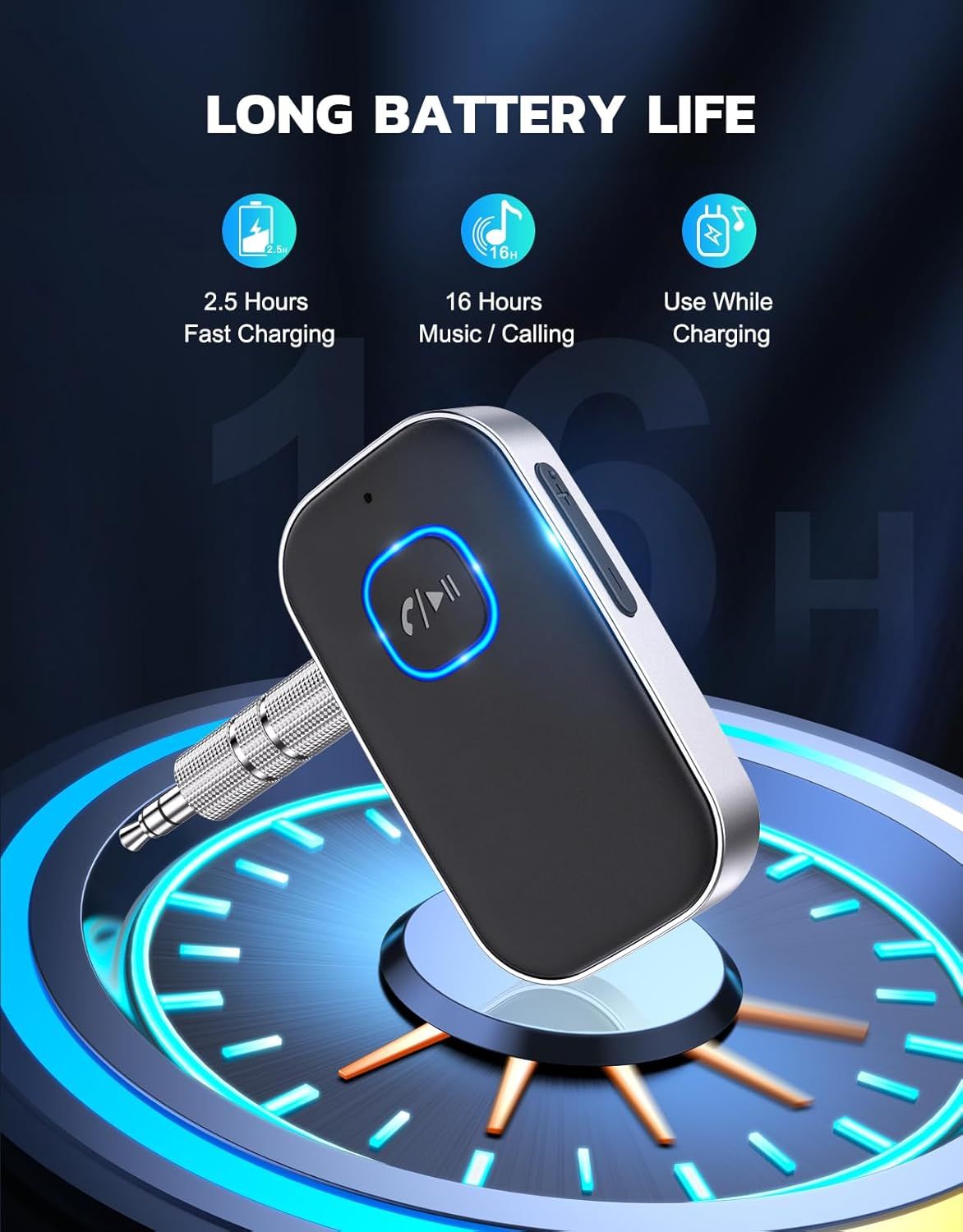 Communicates the product's battery performance with specific time-based metrics to reassure shoppers about long usage time and quick charging capability. Highlights three distinct battery-related…