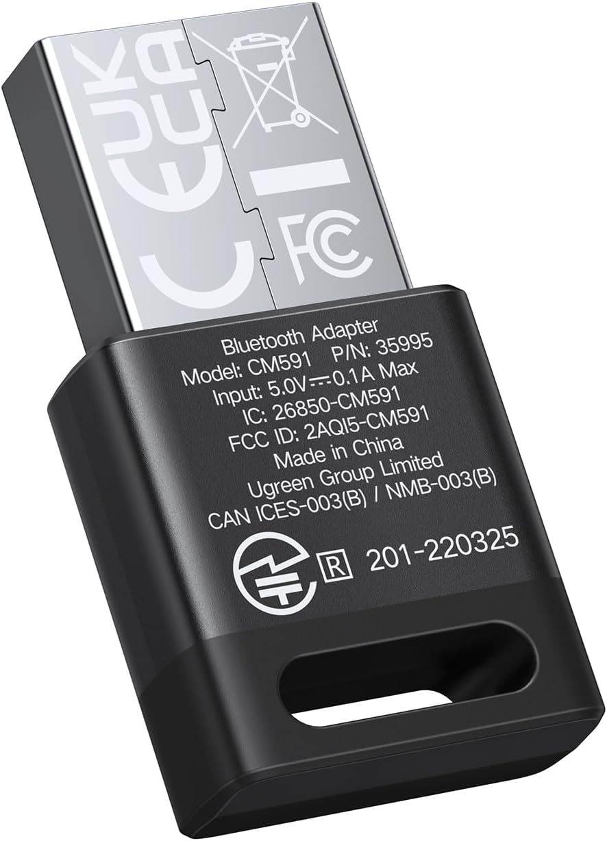 Provides a clean, catalog-style view of the Bluetooth adapter product showing its physical appearance, USB connector, and certification markings without any distracting elements.