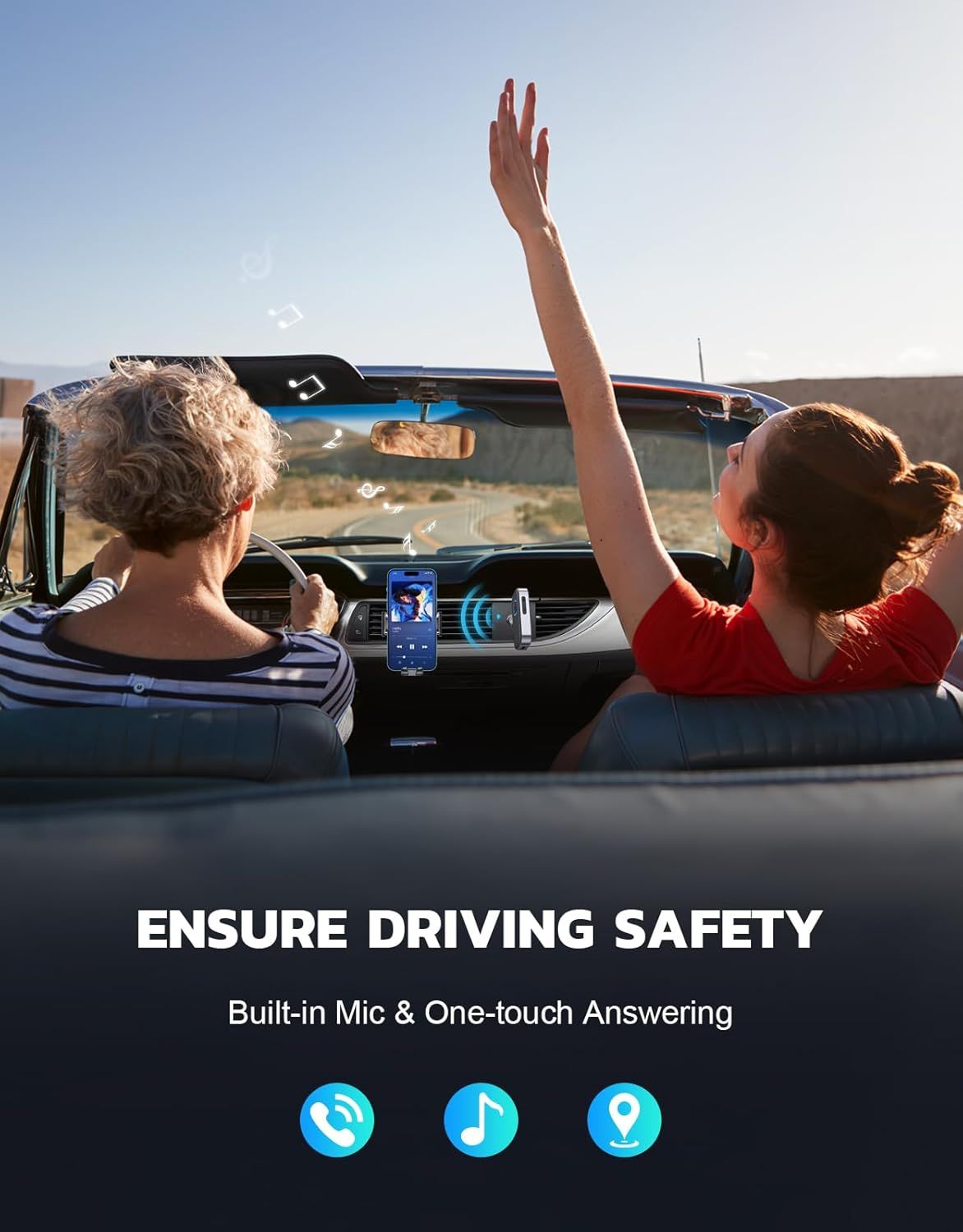 Communicates that the product enables safe, hands-free phone use while driving through built-in mic and one-touch answering, reducing distraction and promoting driver safety. Highlights the core…