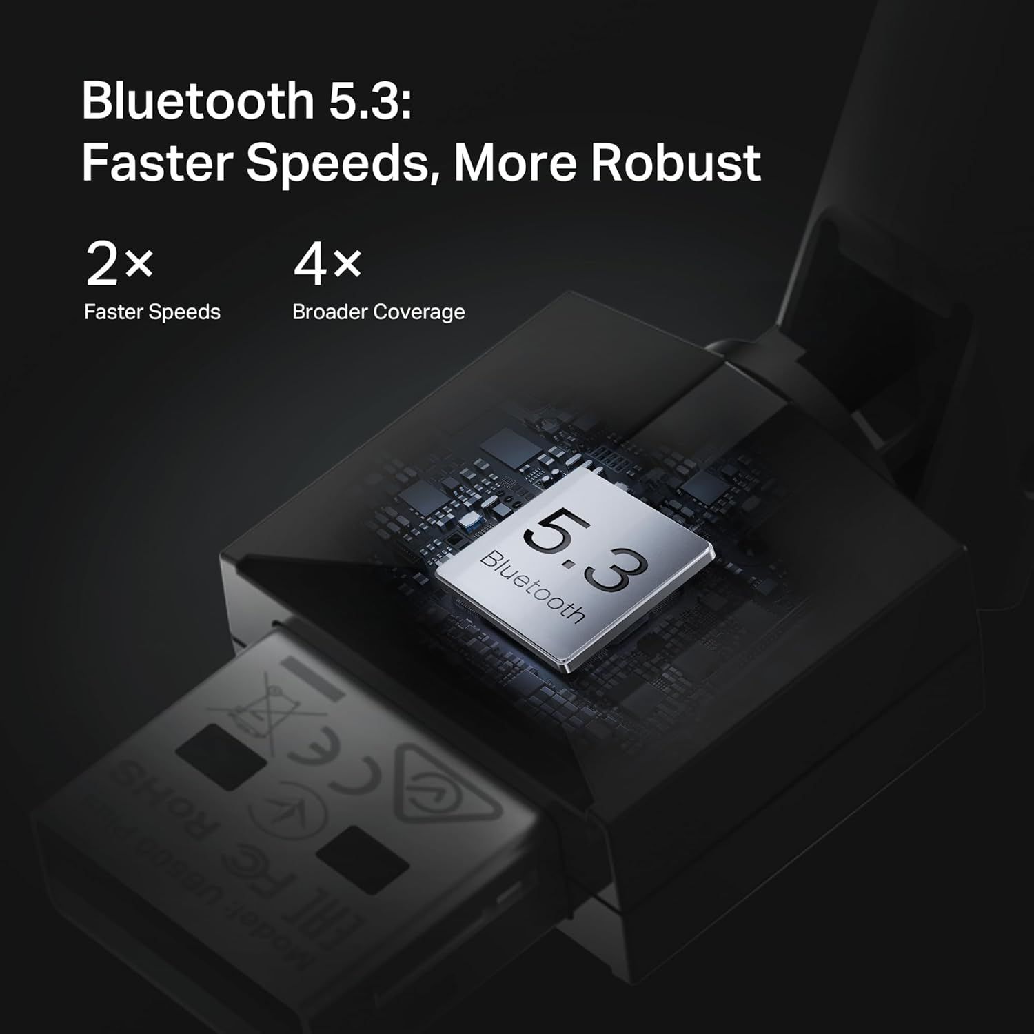 Communicates the technical superiority of Bluetooth 5.3 by highlighting multiple performance benefits: faster connection speeds and broader coverage range to reassure shoppers of enhanced…