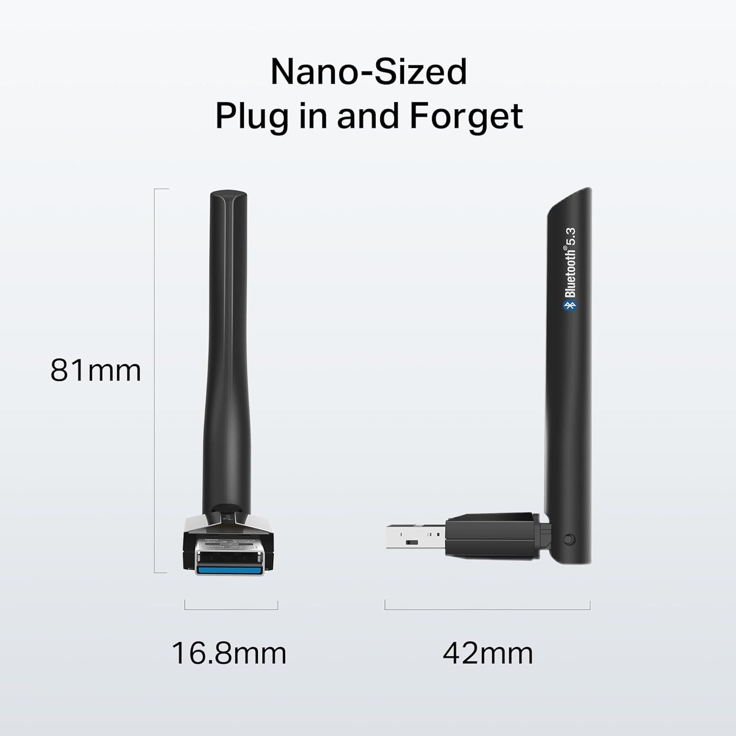 Communicates the product's ultra-compact physical dimensions (81mm height, 16.8mm and 42mm width) to reassure shoppers that it's small, portable, and unobtrusive for Bluetooth connectivity.