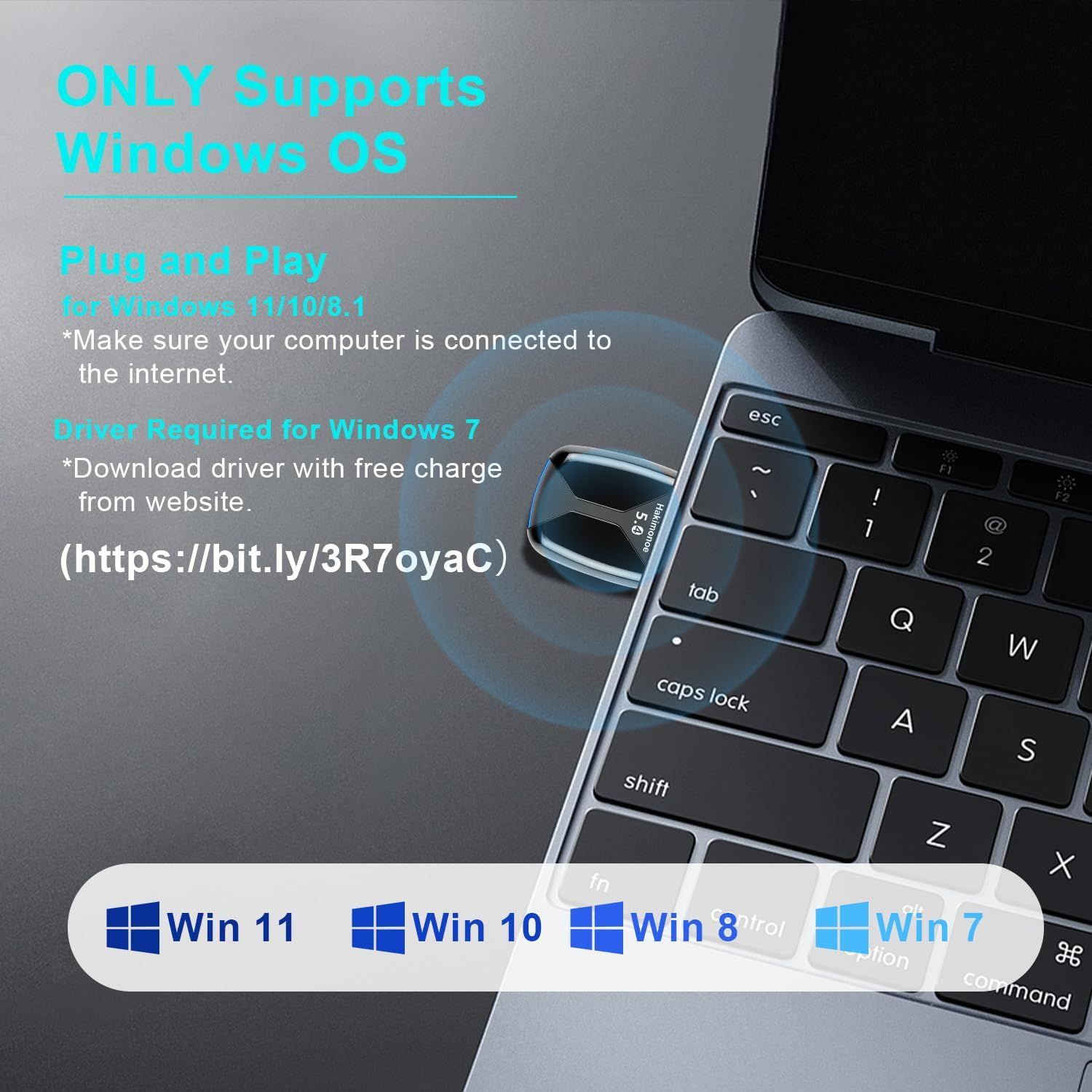 Communicates which Windows operating systems the product supports (Windows 11, 10, 8, and 7 with driver download) to reassure shoppers about compatibility with their computer. Shows the multiple…