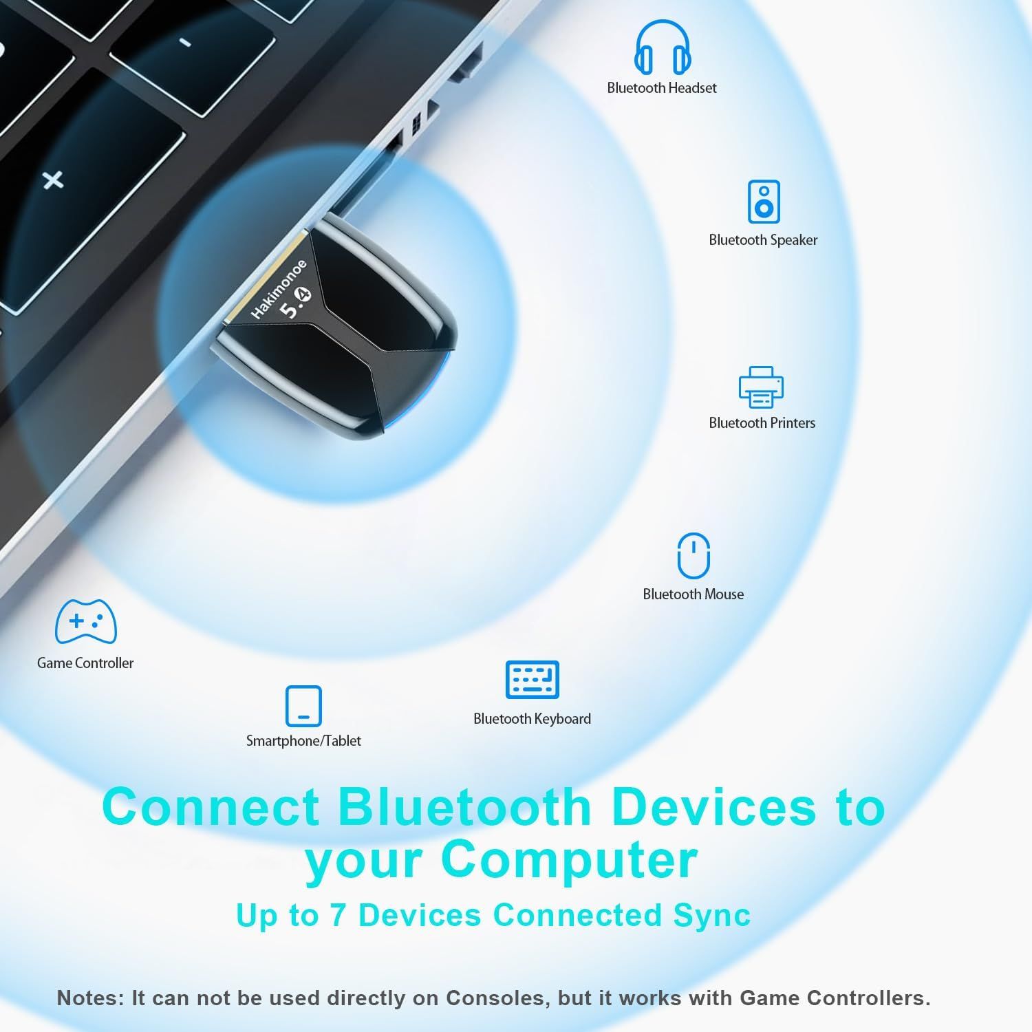 Demonstrates the multiple types of devices that can connect to the product via Bluetooth, reassuring shoppers of its versatility and broad compatibility across headsets, speakers, printers, mice,…
