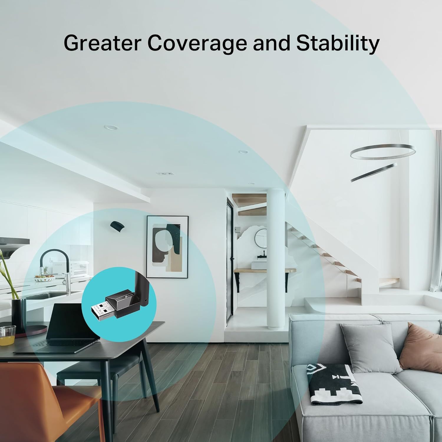 Communicates the product's superior wireless coverage range and connection stability throughout the home, reassuring shoppers of reliable performance across multiple rooms. Demonstrates the USB…
