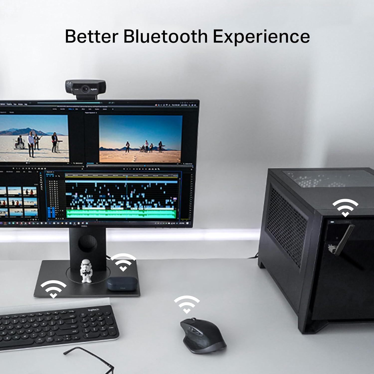 Demonstrates the product's Bluetooth connectivity capability, showing how multiple devices (keyboard, mouse, webcam, and PC) can connect wirelessly for a seamless workspace experience.