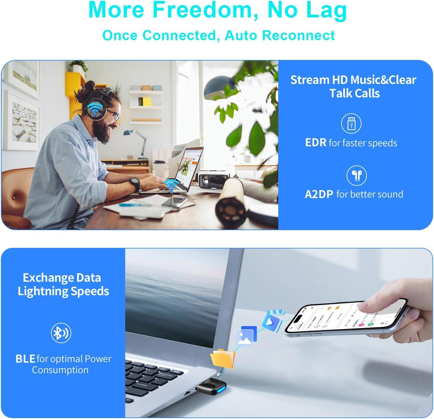 Communicates multiple technical benefits of the Bluetooth product including connectivity stability, audio quality, speed, and power efficiency to reassure shoppers of comprehensive performance.