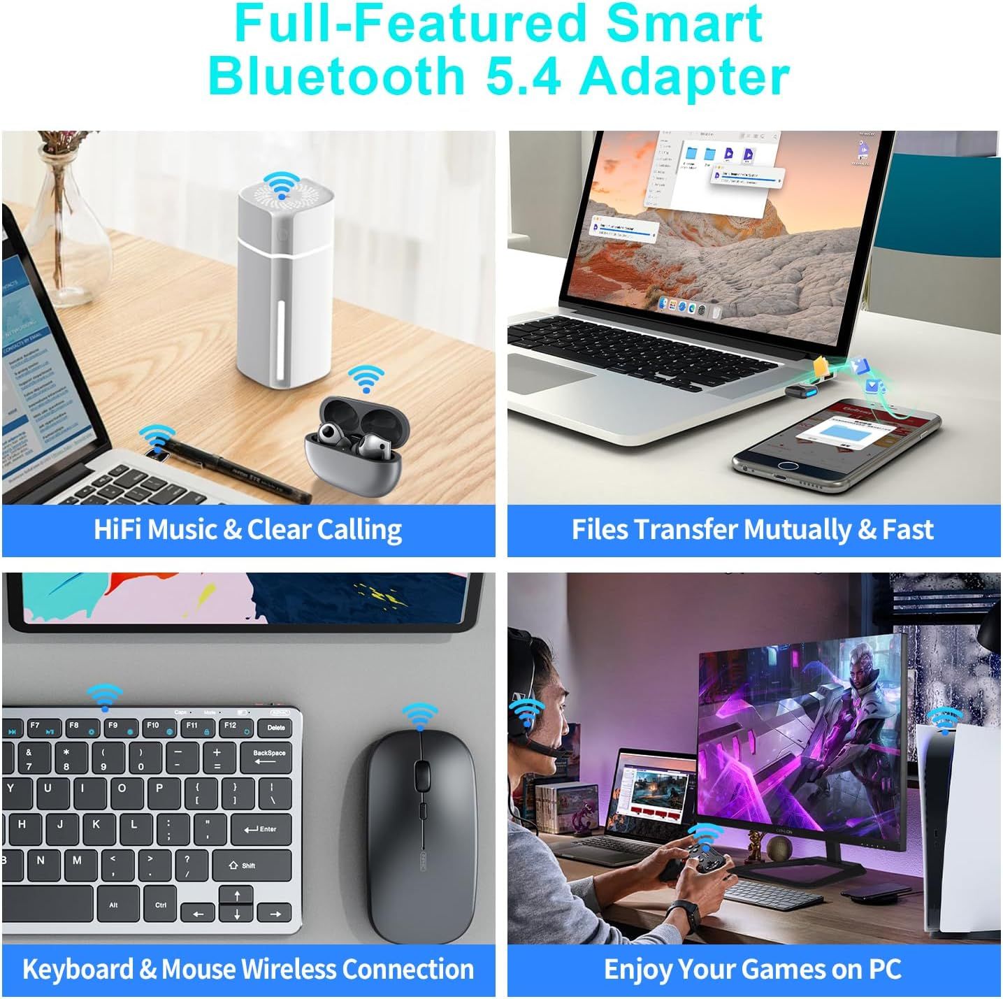 Demonstrates the versatility of the Bluetooth 5.4 adapter by showing four distinct use scenarios—audio streaming, file transfer, wireless peripherals, and gaming—to reassure shoppers that the…