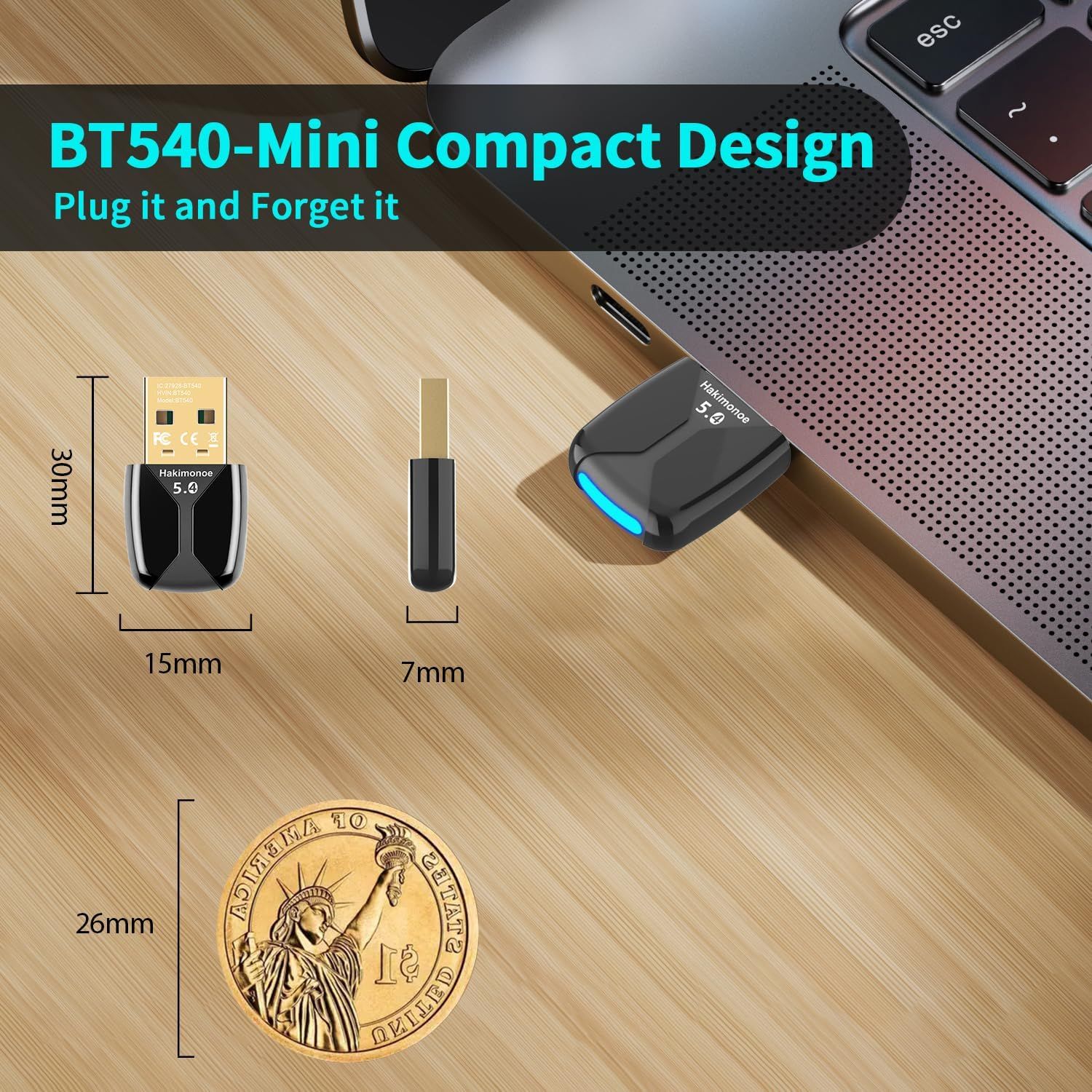 Demonstrates the ultra-compact physical dimensions of the BT540 Bluetooth adapter using precise measurements and reference objects (coin) to reassure shoppers it's small enough to plug in and leave…
