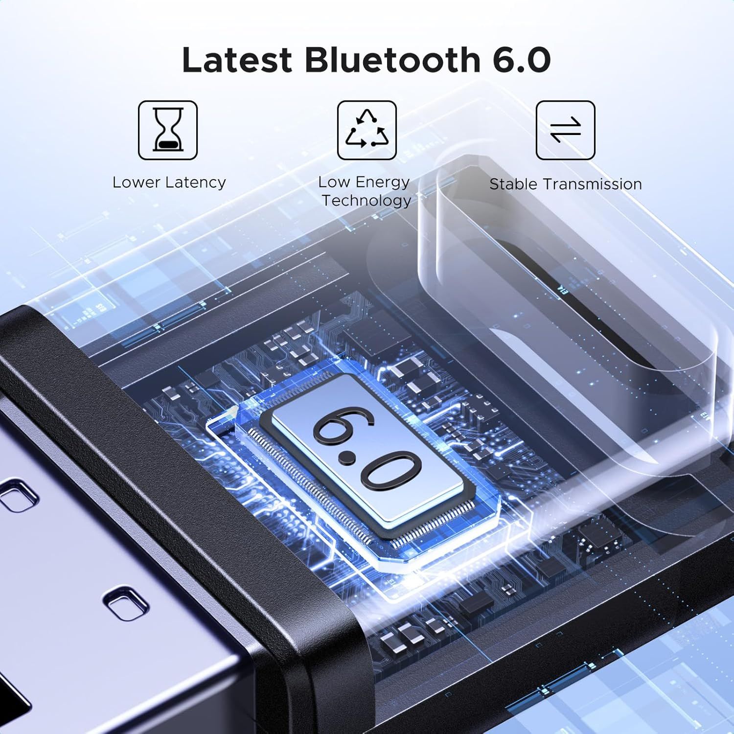 Communicates the advanced Bluetooth 6.0 technology with three distinct technical benefits (lower latency, low energy, stable transmission) to reassure shoppers of superior connectivity performance.
