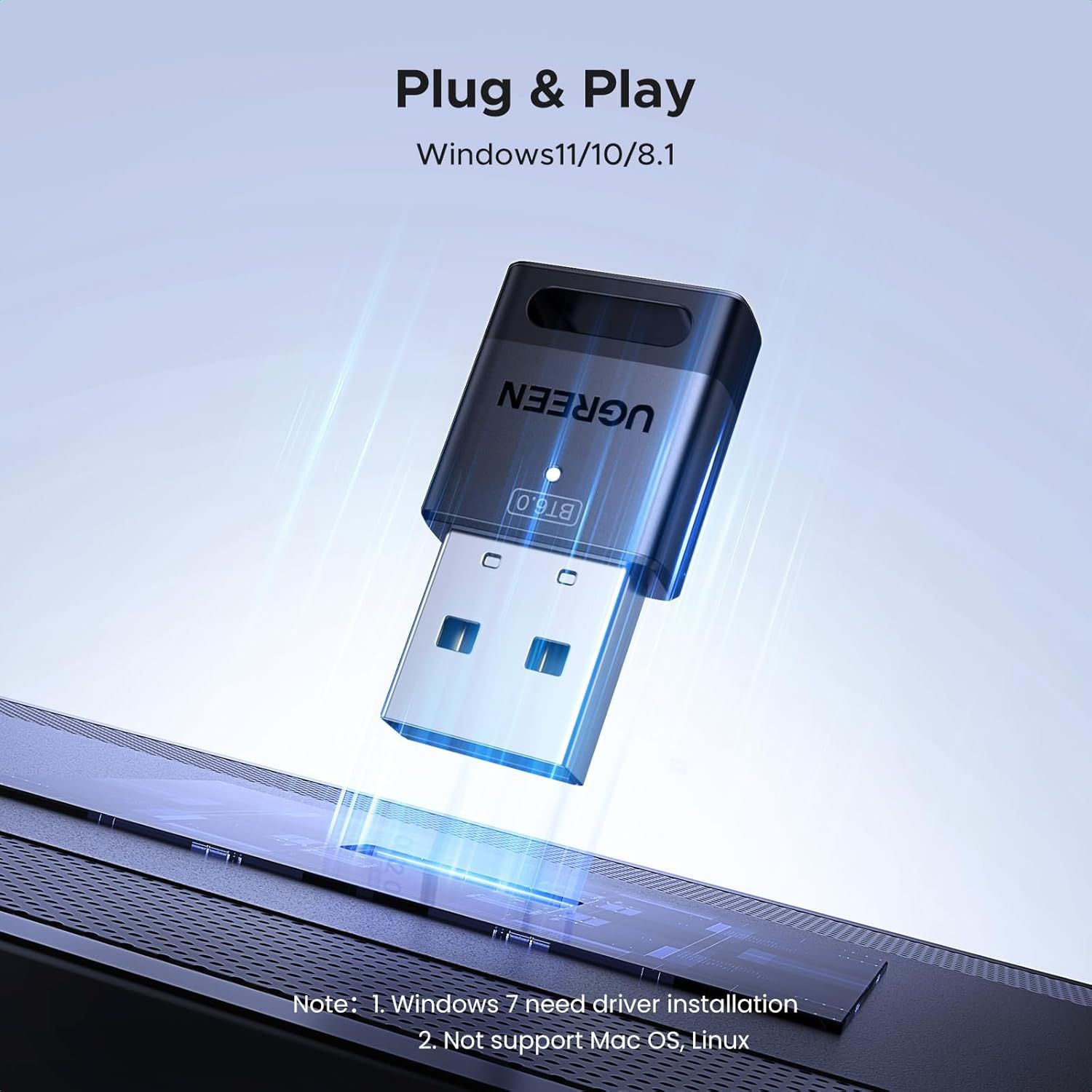 Demonstrates the simple plug-and-play setup process for the USB adapter, reassuring shoppers that installation is effortless on compatible Windows systems. Communicates compatibility information and…