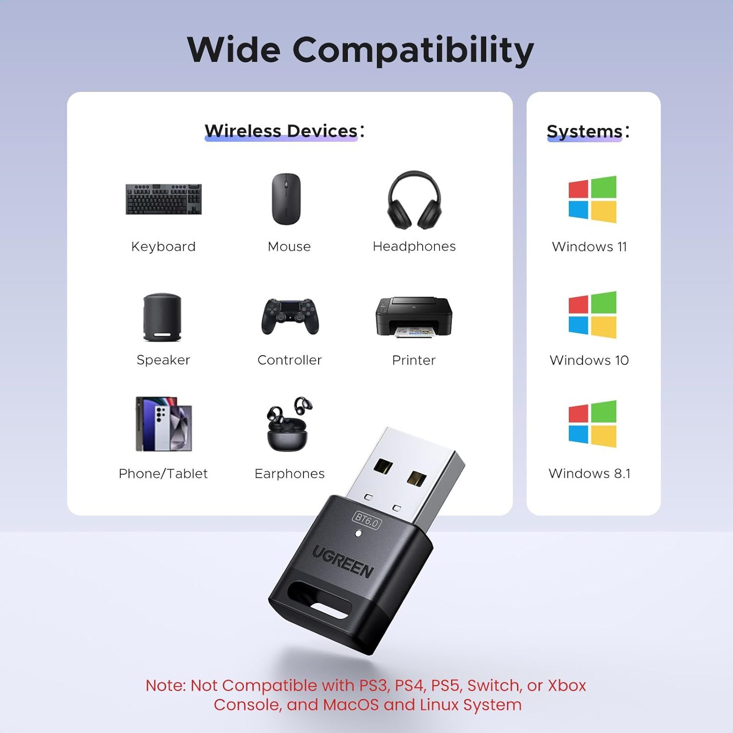 Demonstrates the USB adapter's compatibility with multiple wireless devices (keyboard, mouse, headphones, speaker, controller, printer, phone/tablet, earphones) and operating systems (Windows 11,…