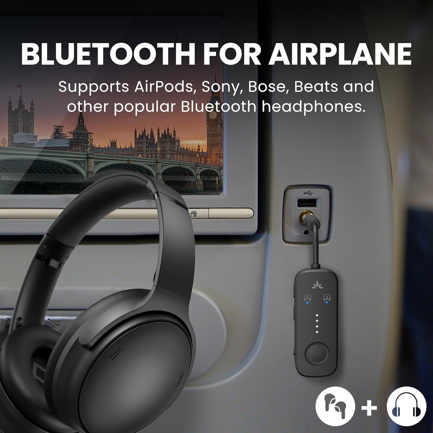 Demonstrates that the Bluetooth adapter enables wireless headphones (AirPods, Sony, Bose, Beats) to work with airplane entertainment systems, solving a common travel connectivity problem. Highlights…