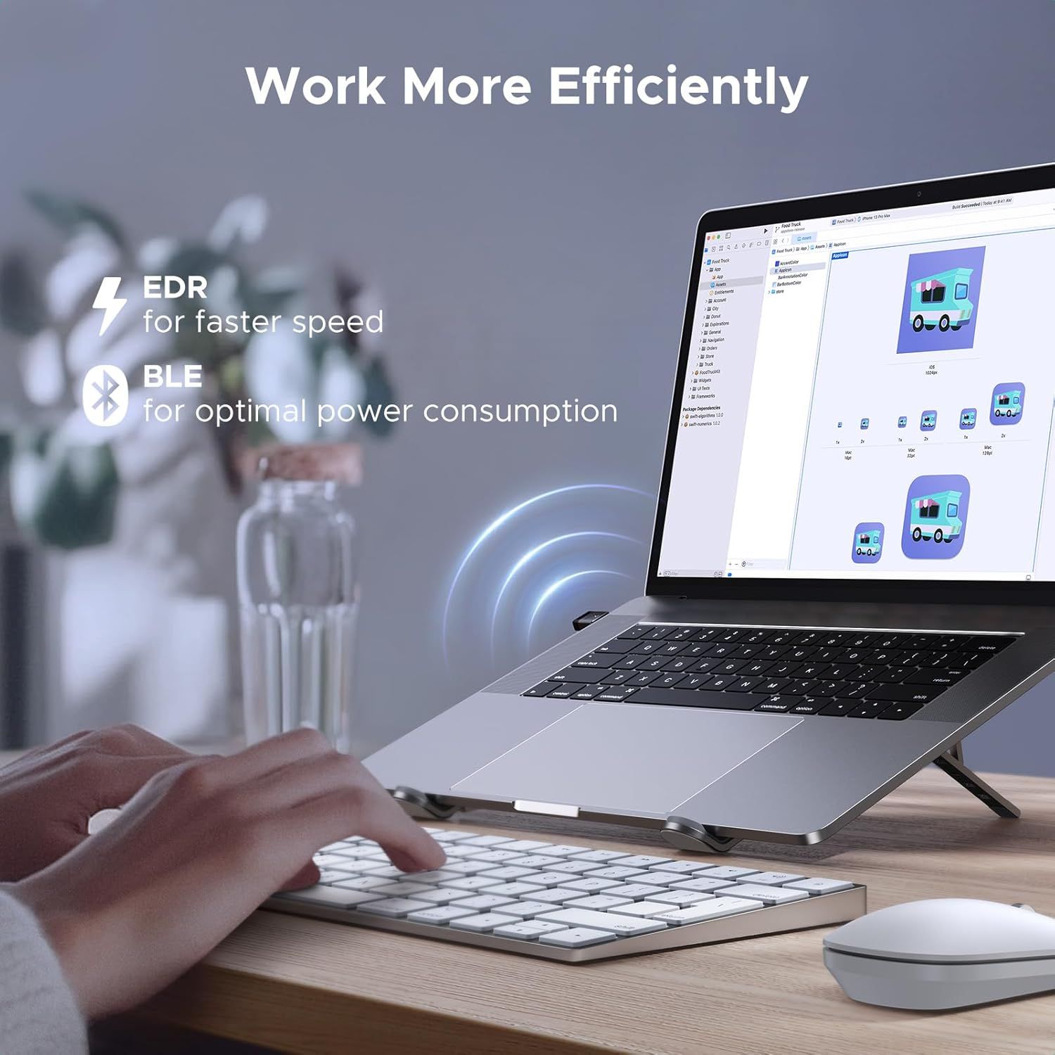 Communicates two distinct technical benefits (EDR and BLE) that enable the product to work more efficiently, reassuring shoppers about speed and power optimization.
