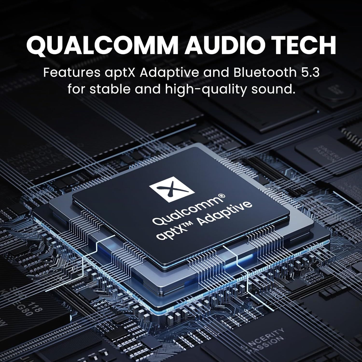 Highlights the advanced Qualcomm audio technology with aptX Adaptive and Bluetooth 5.3 to communicate superior sound quality and stable wireless connectivity to shoppers.
