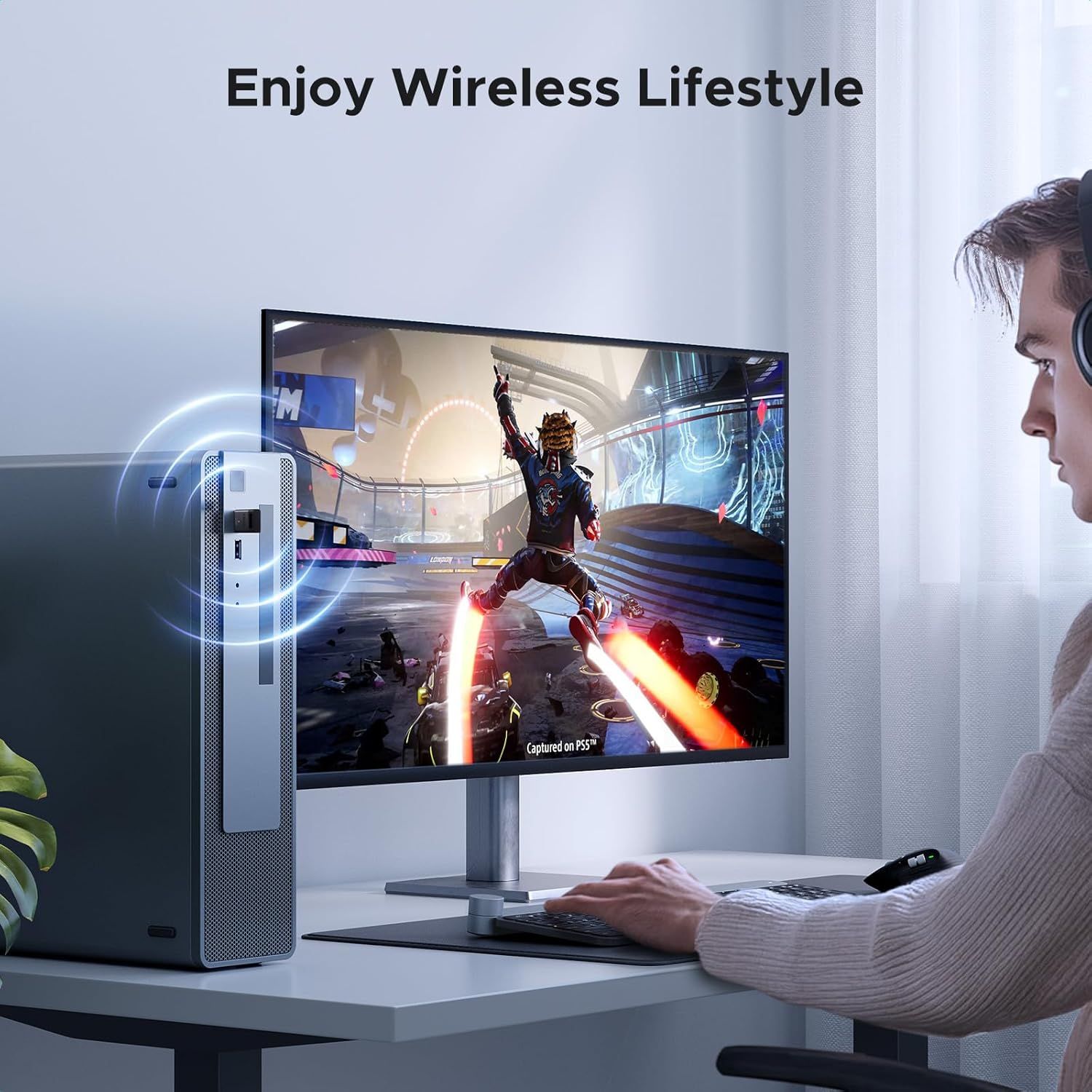 Communicates the wireless connectivity benefit of the product, showing a clean, cable-free gaming setup that enables a modern lifestyle.