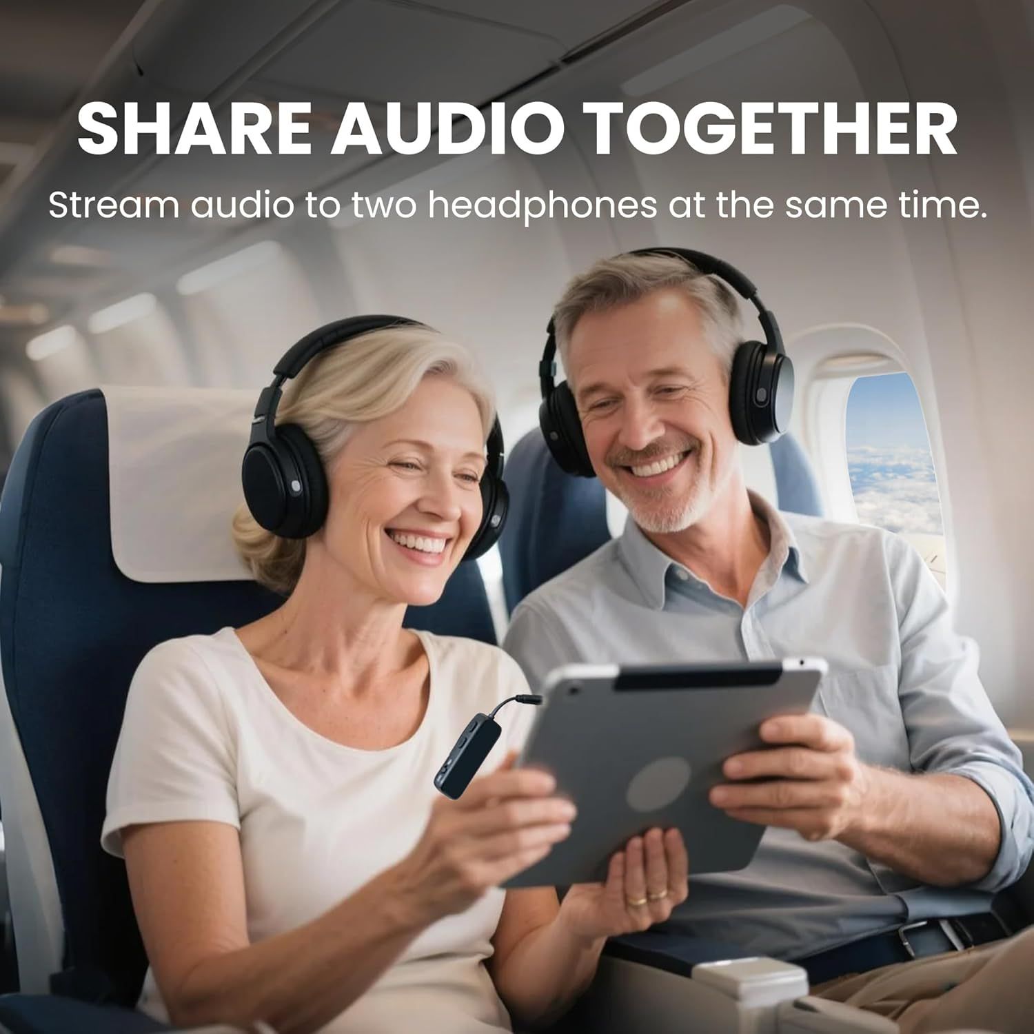 Demonstrates a key use case for the product—sharing audio between two headphones simultaneously—ideal for travel companions or couples who want to watch or listen together. Highlights the product's…