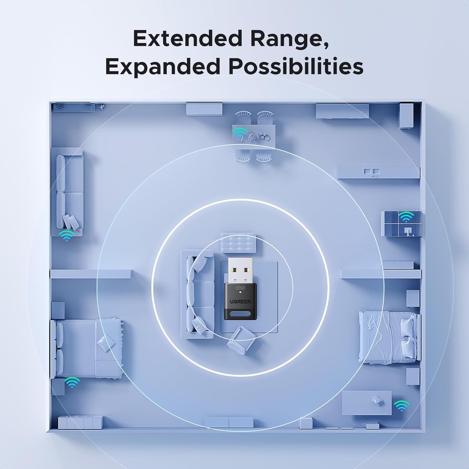 Demonstrates the product's extended wireless range capability by showing concentric circles radiating throughout a home floor plan, reassuring shoppers that the USB adapter provides comprehensive…