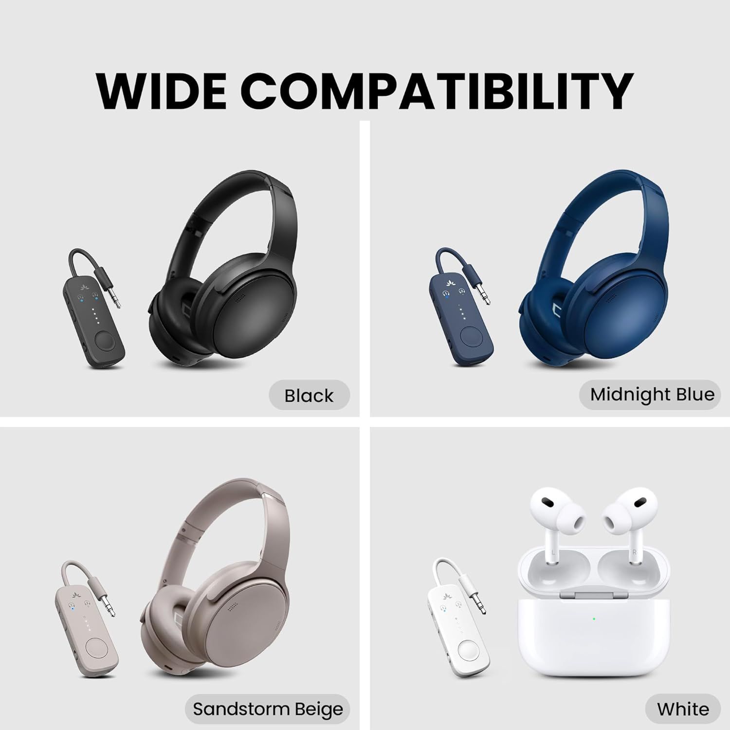 Demonstrates that the product works with various headphone types and styles, reassuring shoppers that the adapter/transmitter is universally compatible with their existing audio devices. Showcases…