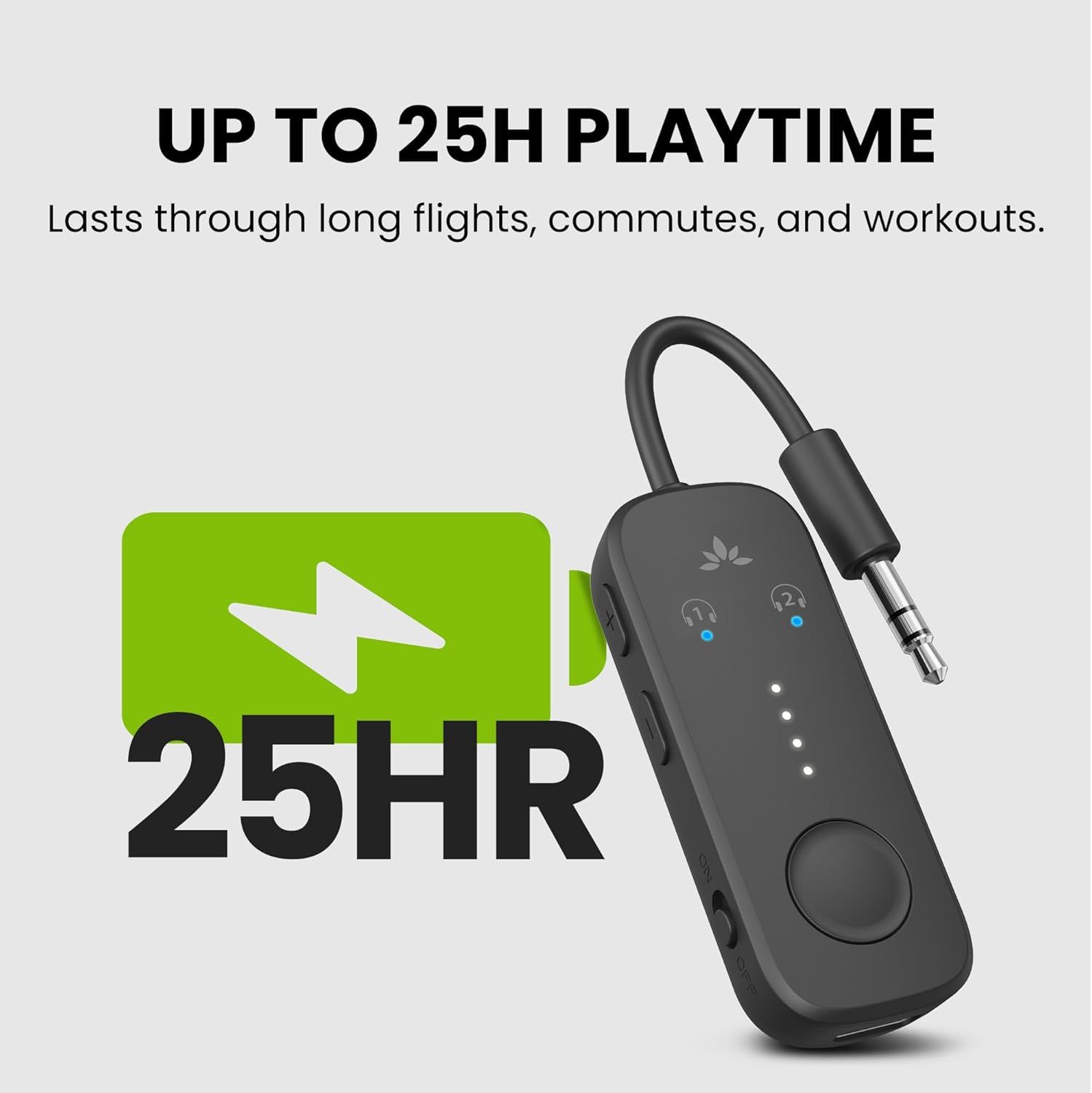 Communicates the impressive 25-hour playtime capacity to reassure shoppers that the device will last through extended use scenarios like flights, commutes, and workouts. Highlights the extended…