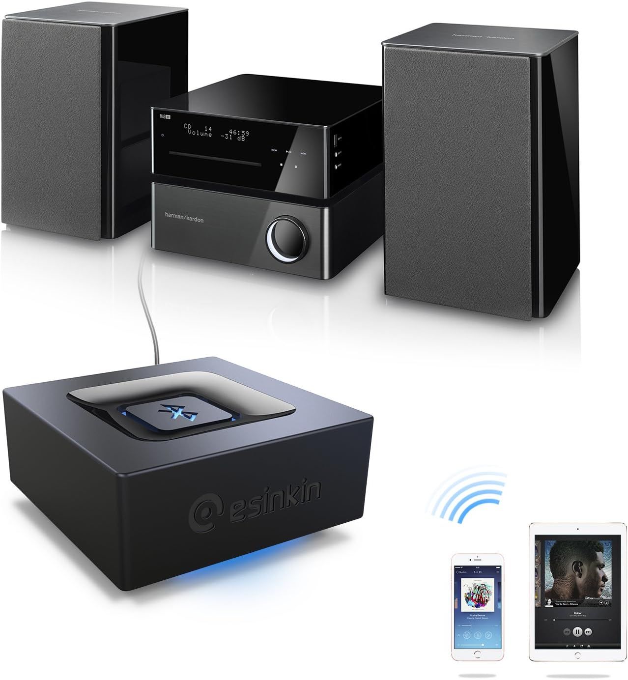Demonstrates how the Bluetooth adapter enables wireless audio streaming from multiple devices (smartphones and tablets) to the stereo system, showing versatility and modern connectivity.
