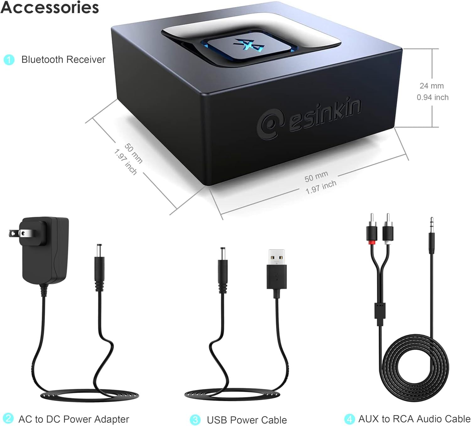 Communicates the exact physical dimensions of the Bluetooth receiver (50mm x 50mm x 24mm) to help shoppers understand its compact size and fit. Shows all accessories included with the purchase…