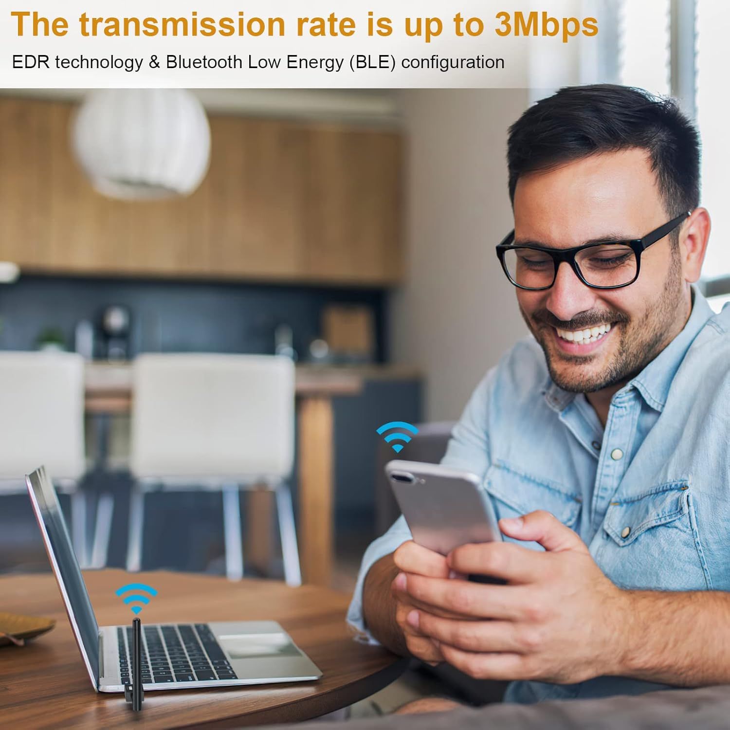 Communicates the fast transmission speed capability of the product to reassure shoppers about performance and connectivity efficiency. Highlights the product's wireless connectivity performance in a…
