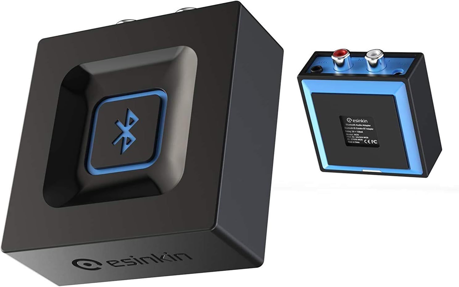 Displays the Bluetooth audio receiver from multiple angles on a clean white background to show the product design, Bluetooth connectivity feature, and brand labeling without distractions.