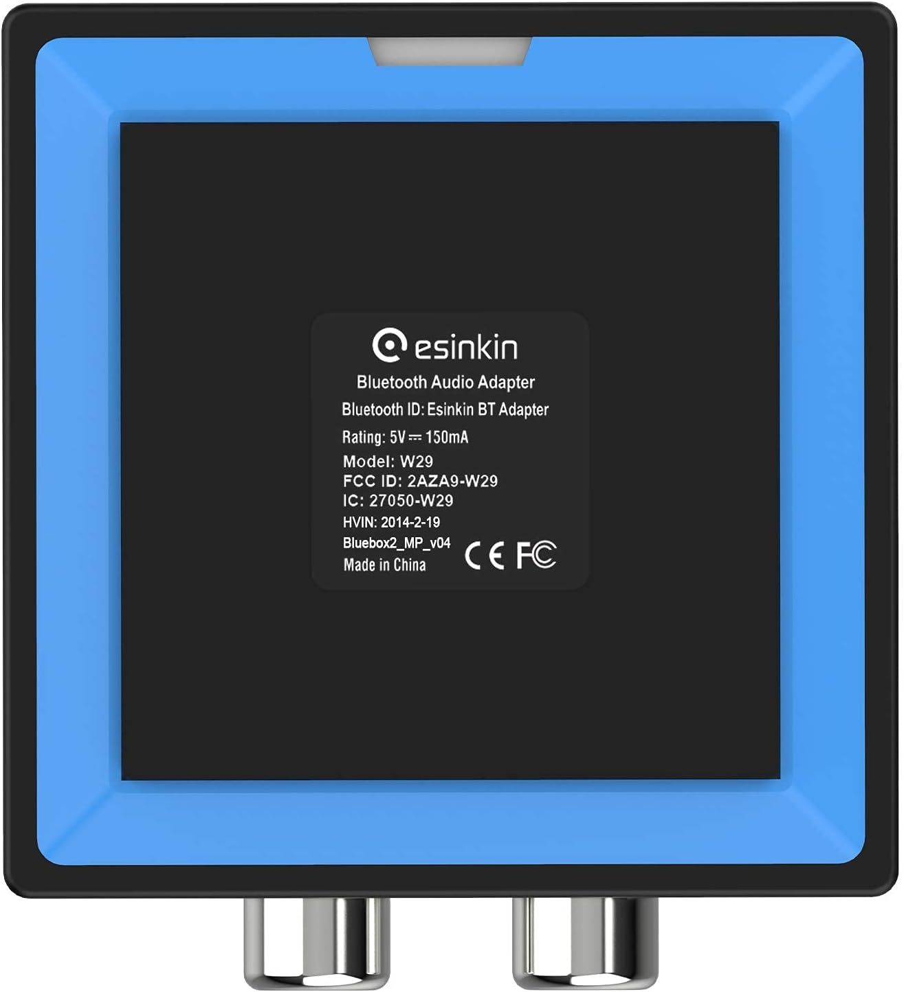Displays the Bluetooth audio adapter product with its technical specifications, model information, and certifications visible on the device label for shopper reference.