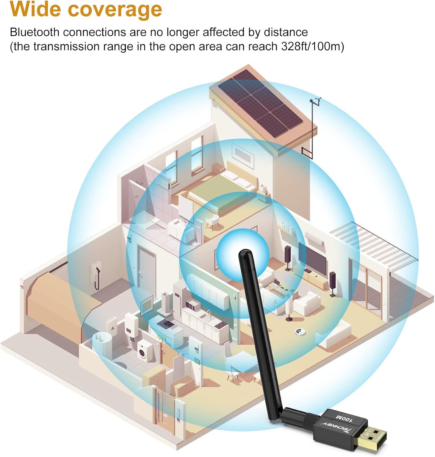 Communicates the impressive 328ft/100m Bluetooth transmission range to reassure shoppers that the product maintains strong connectivity across long distances and through walls. Demonstrates the wide…