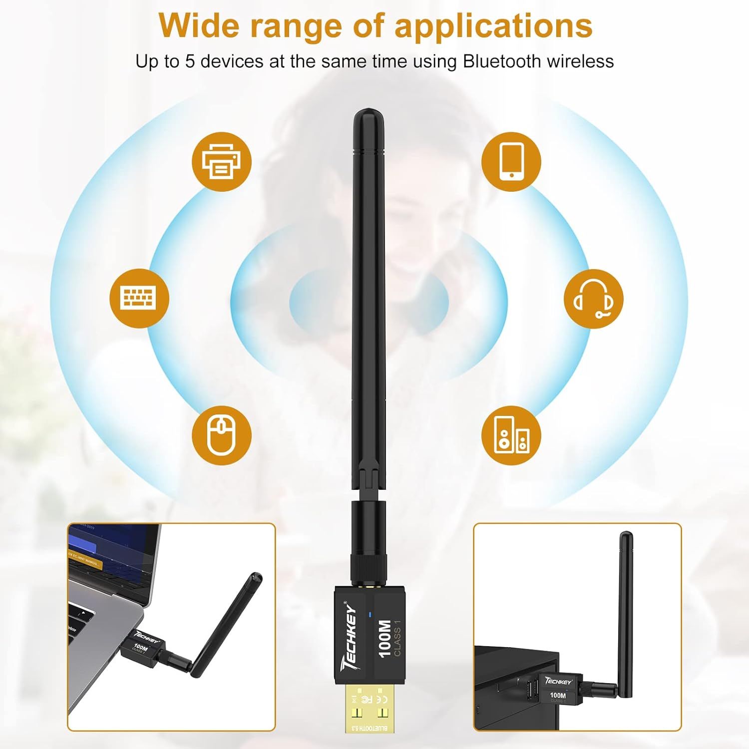 Demonstrates the product's versatility by showing it can connect to up to 5 different device types simultaneously via Bluetooth wireless, reassuring shoppers of broad compatibility and multi-device…