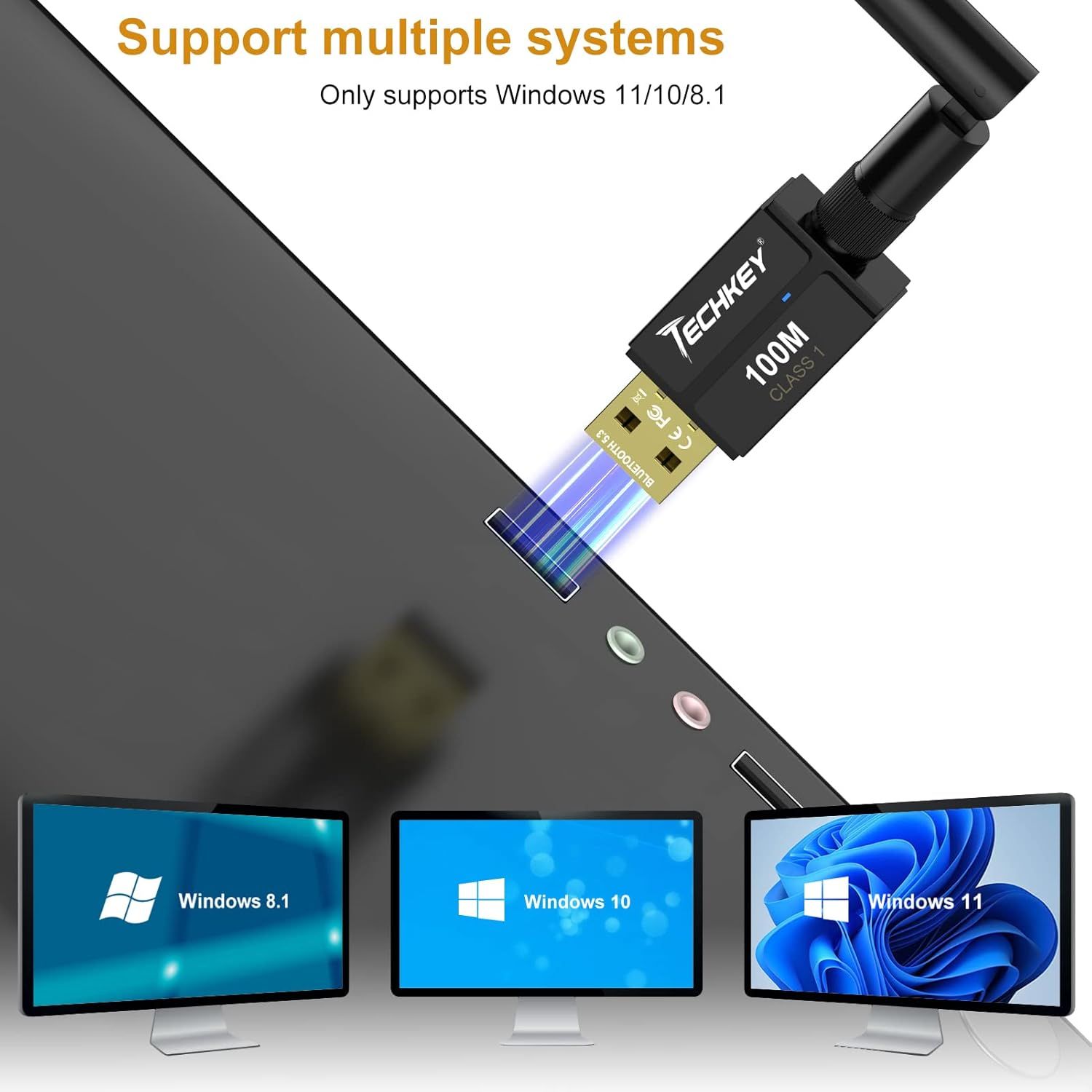 Demonstrates the product's compatibility across multiple Windows operating systems (Windows 11, 10, and 8.1) to reassure shoppers that the USB device will work with their computer system.