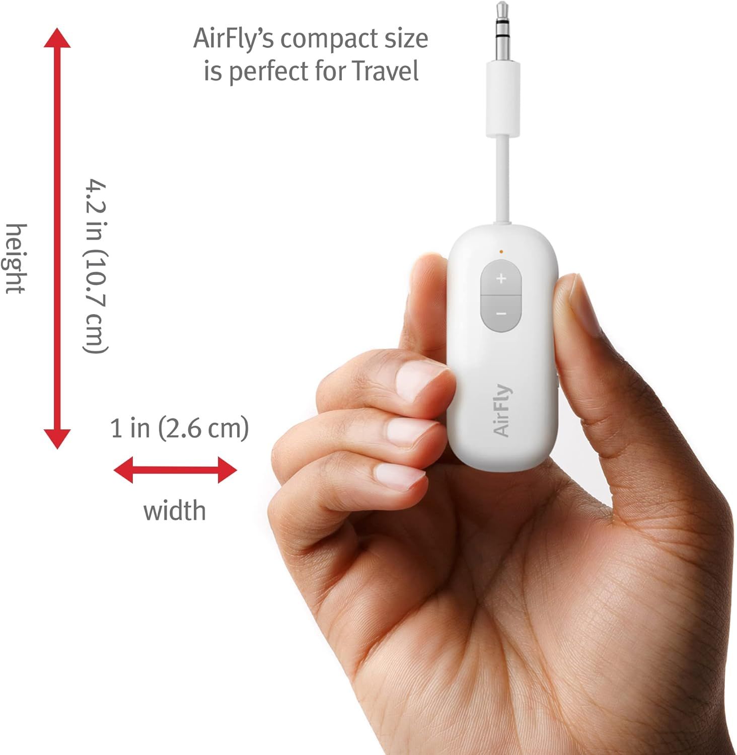 Demonstrates the product's compact physical dimensions (4.2 inches height, 1 inch width) with a hand for scale, emphasizing its portability and travel-friendliness. Reinforces the key benefit that…