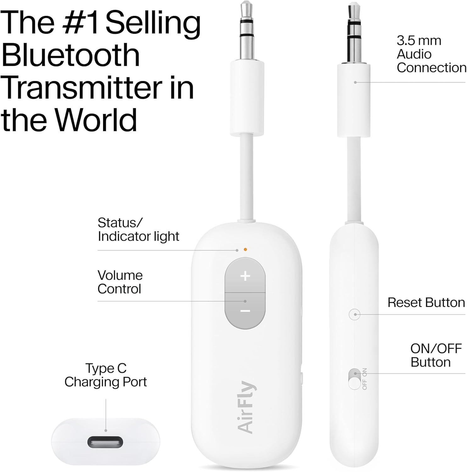 This image breaks down the physical components and controls of the Bluetooth transmitter, helping shoppers understand what each part does and how to operate the device.