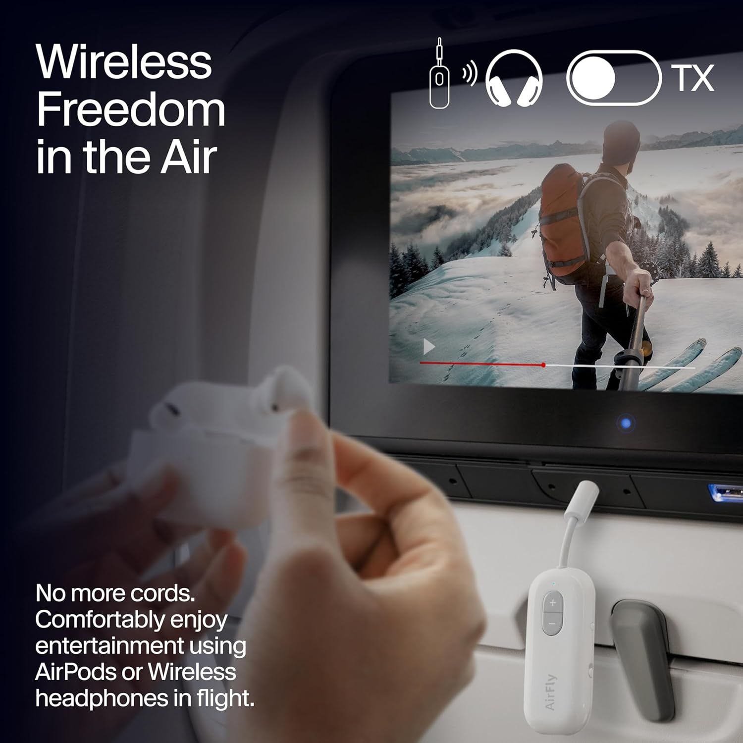 Communicates that the product enables wireless freedom for in-flight entertainment, allowing passengers to use AirPods or wireless headphones without cords for comfortable viewing.
