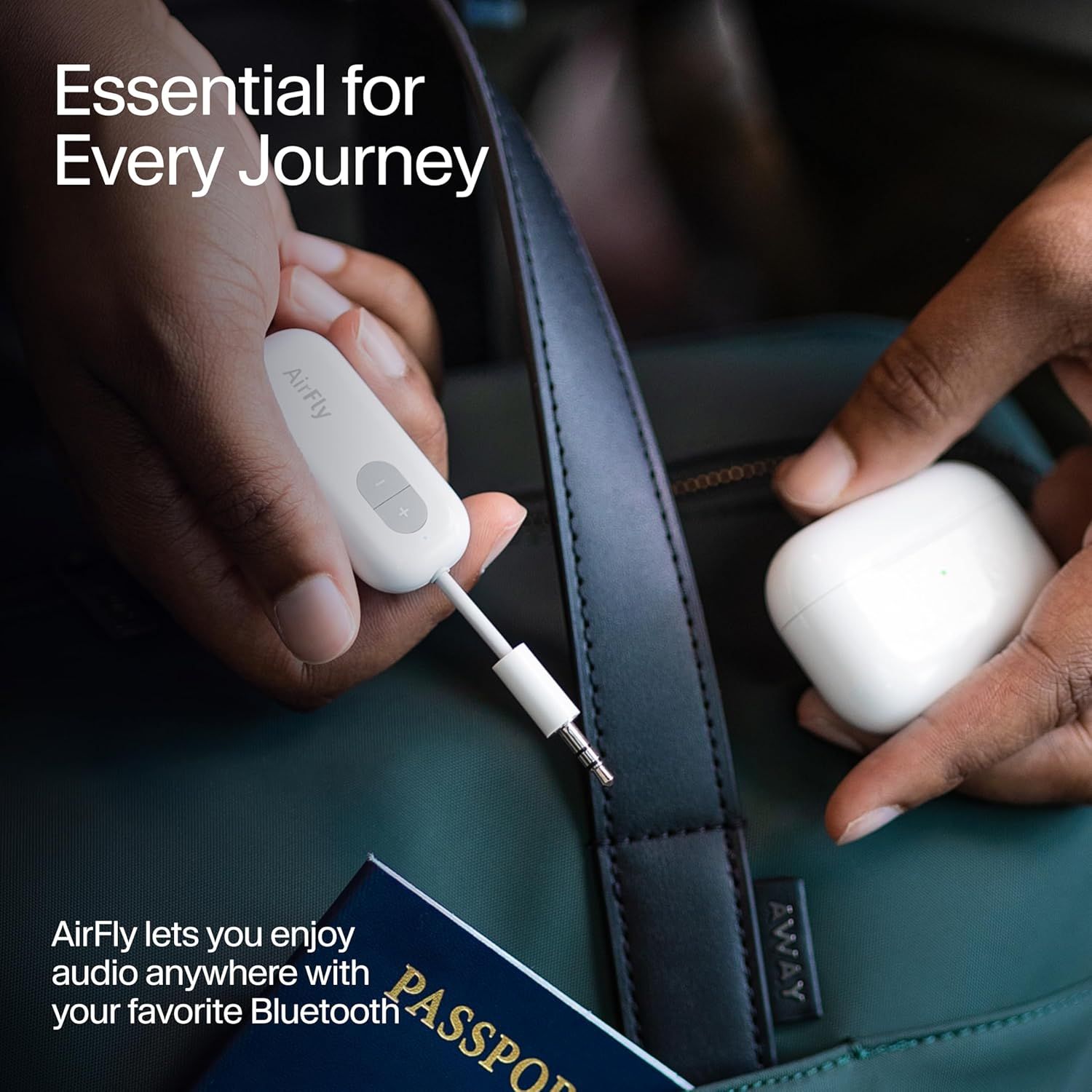 Demonstrates the product's use case for travel, showing how it enables wireless audio connectivity with Bluetooth devices during journeys. Communicates the core benefit of enjoying wireless…