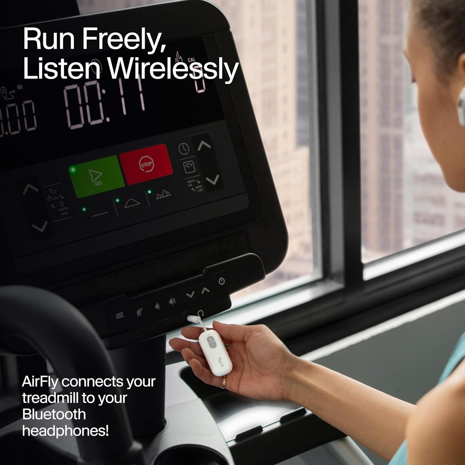 Communicates that the AirFly device enables wireless Bluetooth audio from the treadmill to headphones, allowing users to run freely without wired constraints.