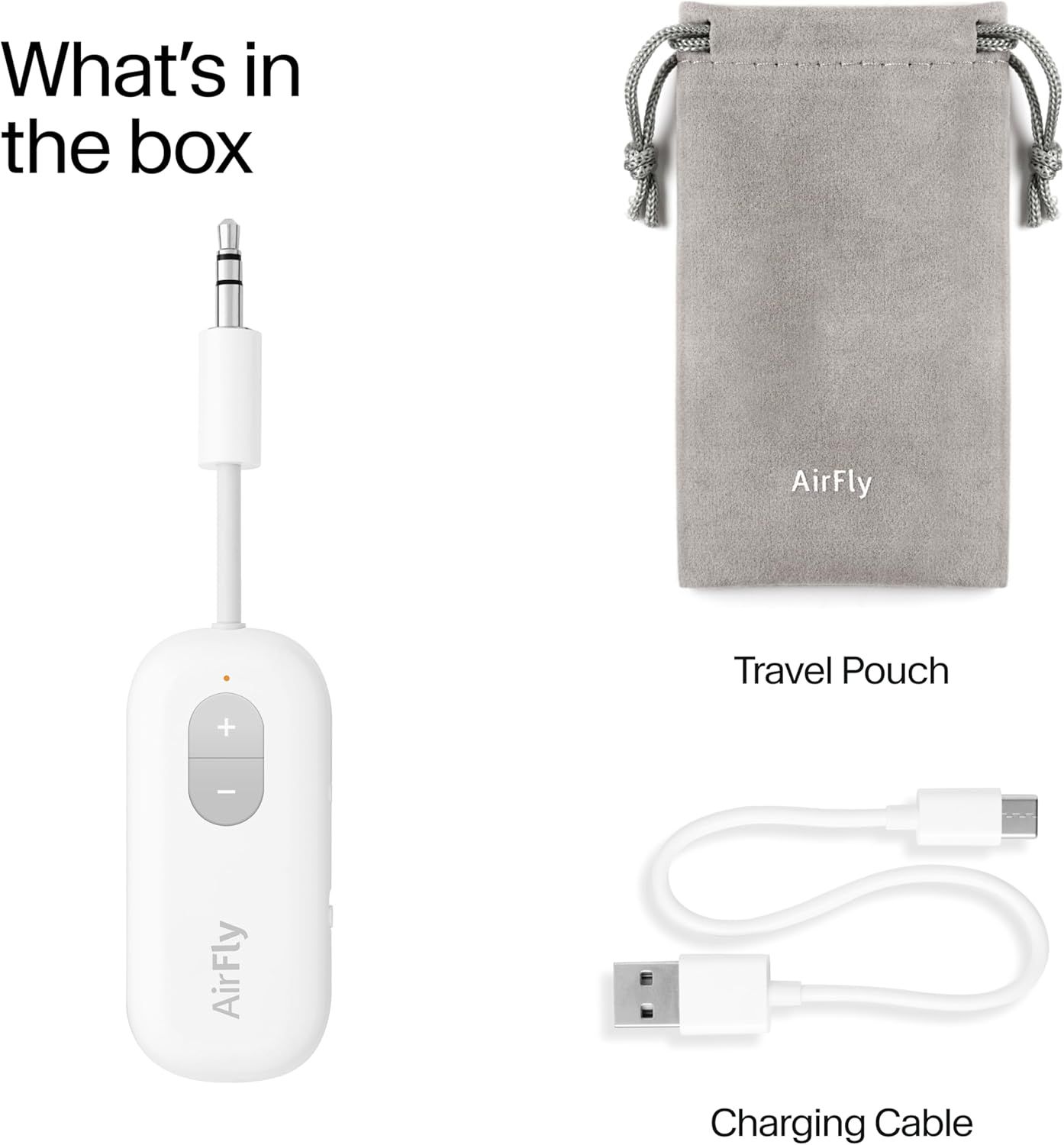 Shows the customer everything included with their purchase: the main AirFly device, a travel pouch for portability, and a charging cable for convenience.