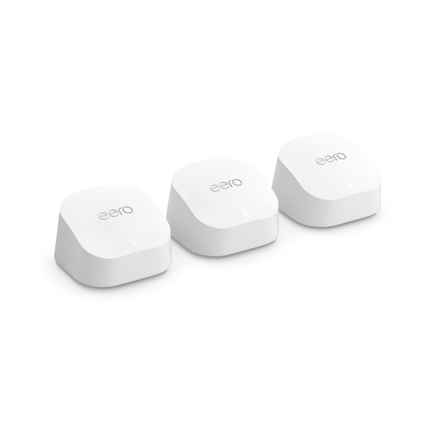 Shows three eero devices on a clean white background to give shoppers a clear view of the product design and what multiple units look like together.