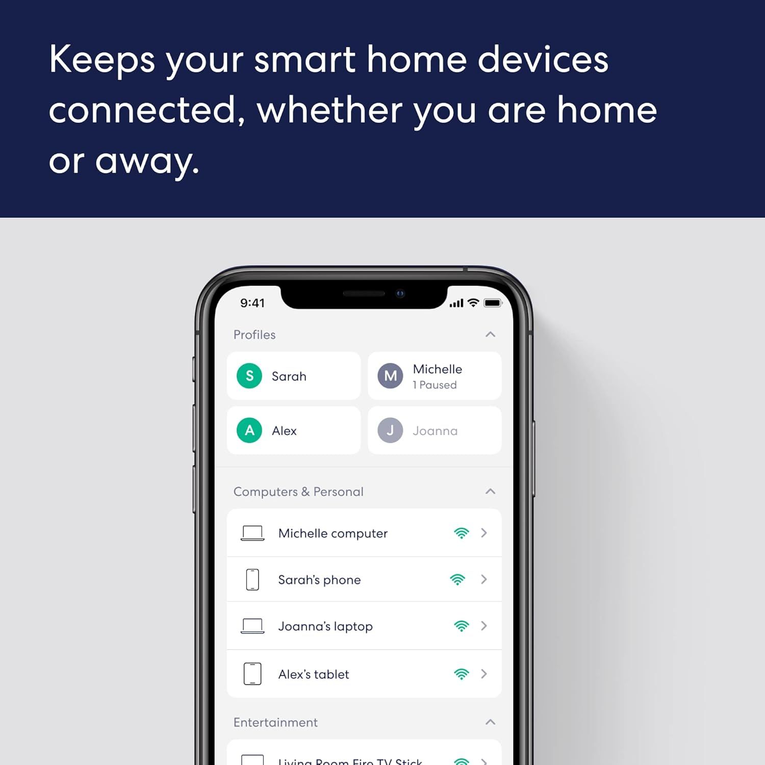 Communicates that the product keeps smart home devices connected and accessible whether the user is at home or away, providing peace of mind and convenience.