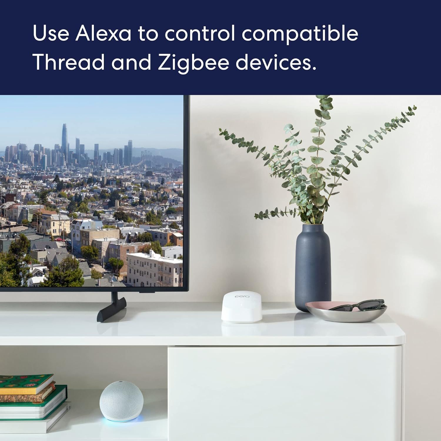 Demonstrates the product's compatibility with Alexa voice control and its ability to work with Thread and Zigbee smart home devices, reassuring shoppers about seamless integration into their smart…