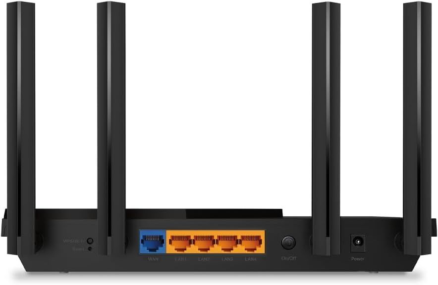 Shows the back panel port layout and physical components of the router, helping shoppers understand the connectivity options and physical interface of the device.