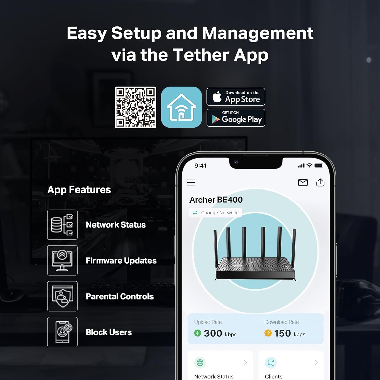 Demonstrates how to set up and manage the router using the Tether app, reassuring shoppers that the product is easy to configure and control through a mobile interface. Highlights multiple app…